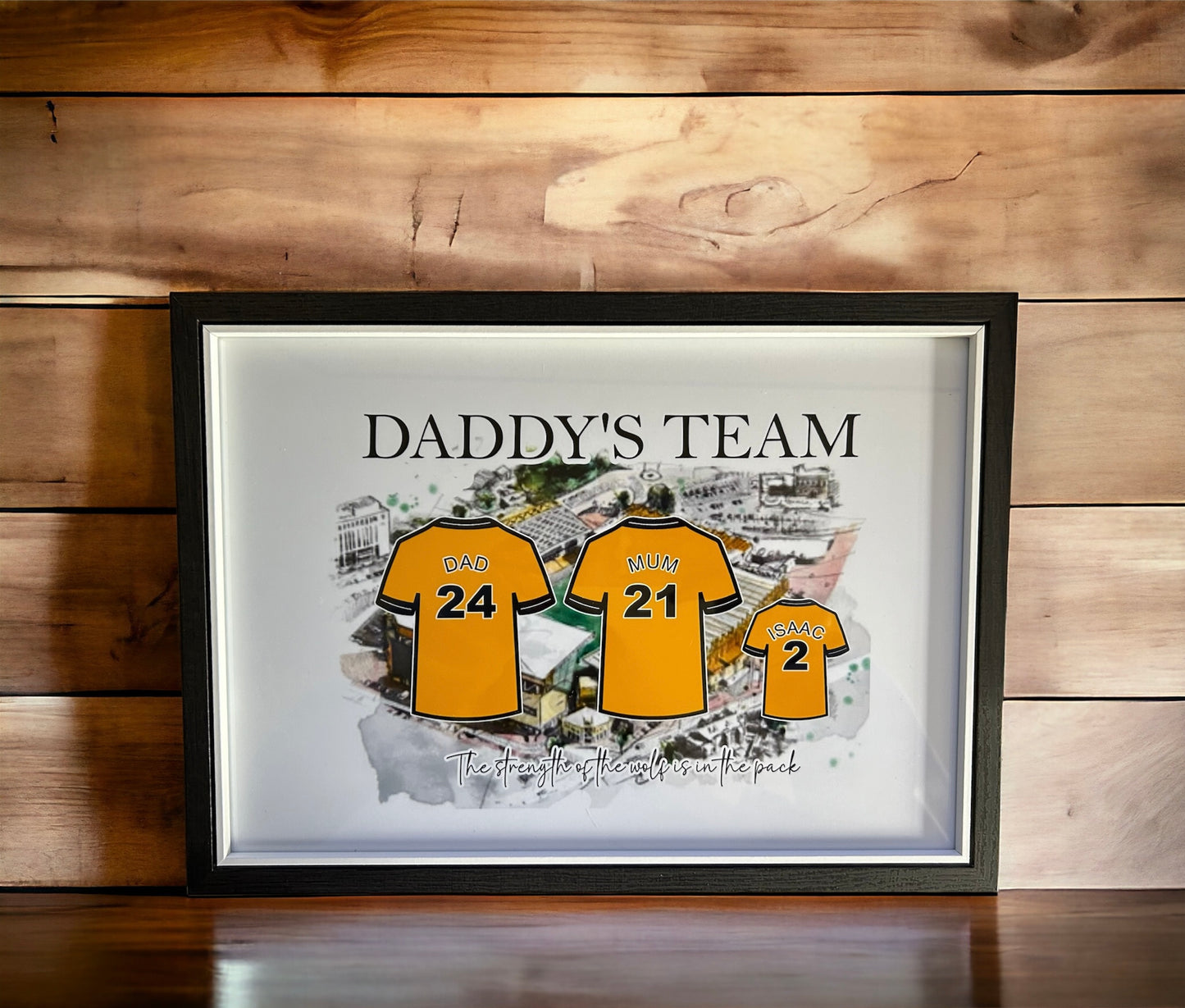 A4 Personalised wolves family football shirt print